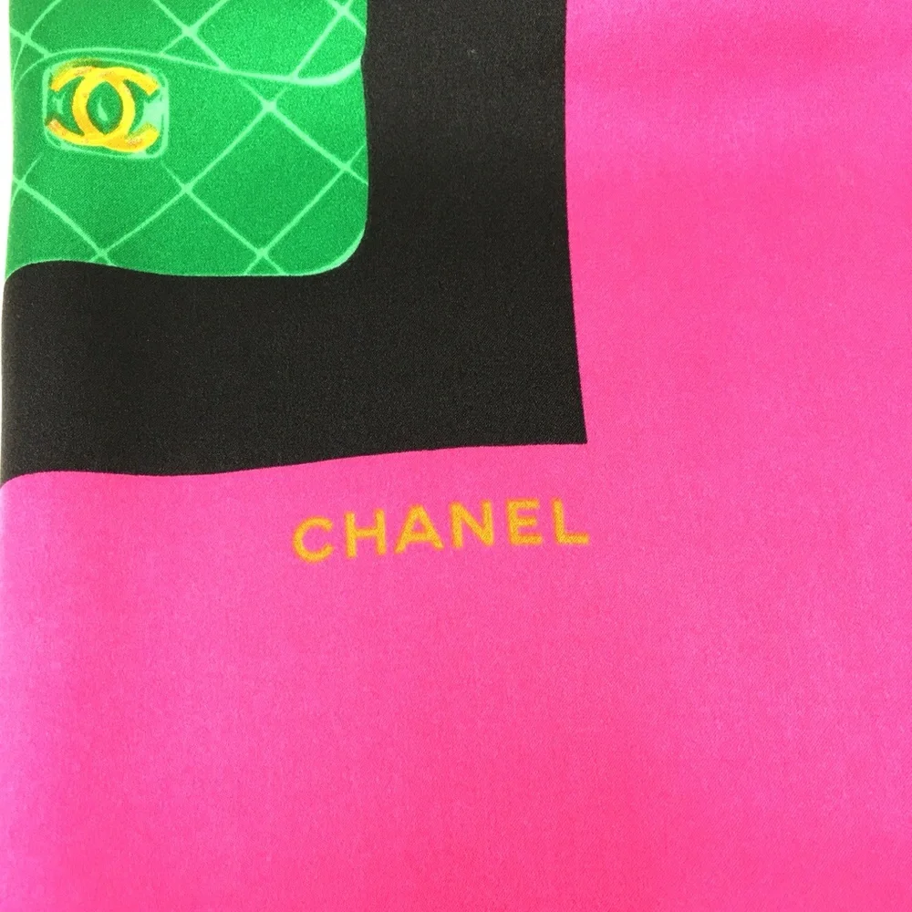 CHANEL authentic silk scarf pink black